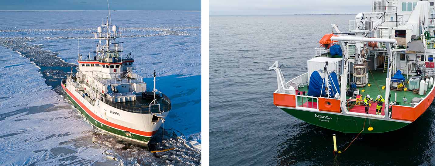 Images of R/V Aranda: during winter in icy sea and suring summer
